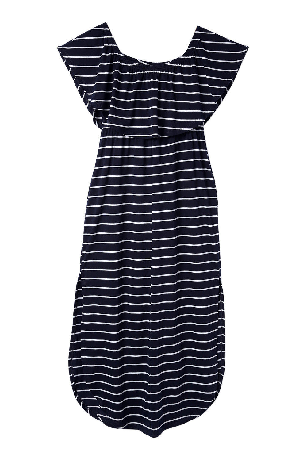 Blue Striped Print Ruffled High Waist Maxi Dress with Side Splits