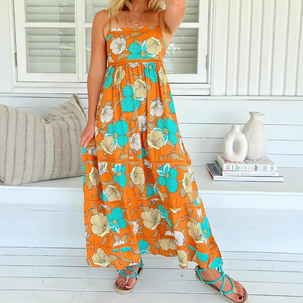 Bohemian Strap Leaf Print Maxi Dress with Crochet Trim in Orange