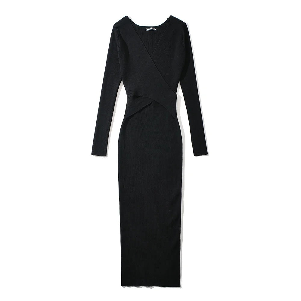 Women Long Sleeve Cross V-neck Dress  Elastic Slim Midi Solid Color Dresses robe femme