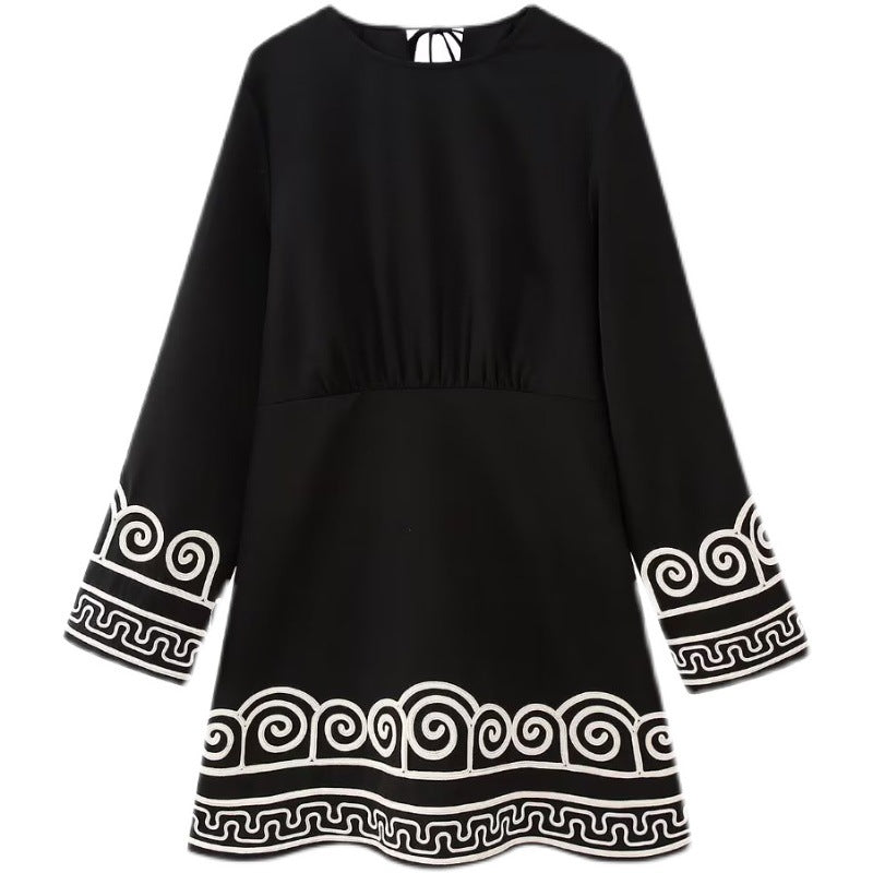 Fashion Embroidery Women Mini Dress Flare Sleeve High Waist Casual Party Robe Female Black Dresses Autumn