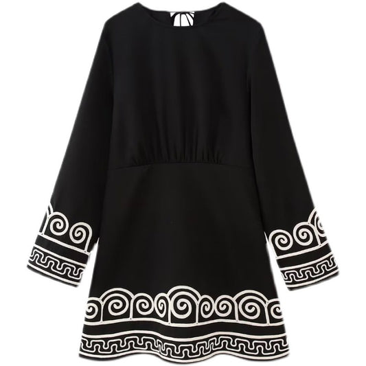 Fashion Embroidery Women Mini Dress Flare Sleeve High Waist Casual Party Robe Female Black Dresses Autumn