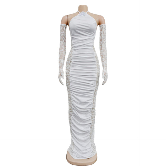 Women Flower Halter Neck Backless Lace Long Glove Stacked Maxi Midi Bodycon Dress Sexy Club Party Evening Dresses