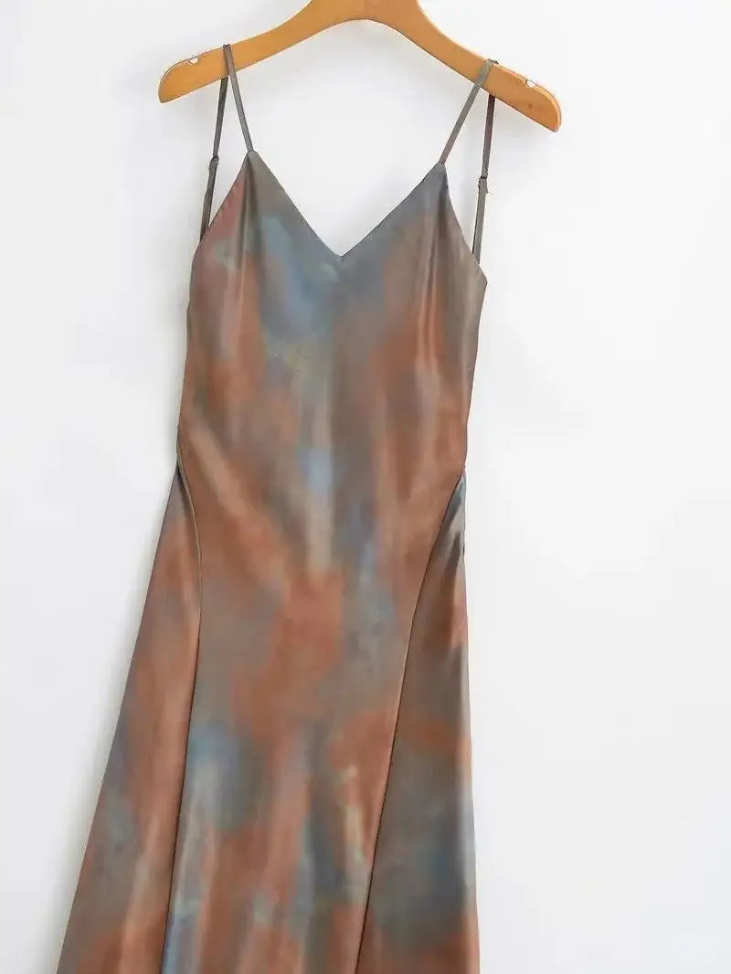 Sexy Backless Deep V-neck Midi Dress Women Tie Dye Print Sleeveless Camisole Dresses