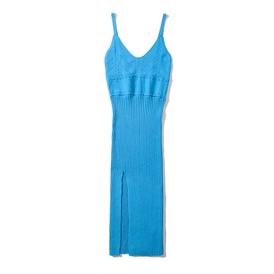 Summer V-neck Camisole Knitted Dress Women Elastic Slim Split Midi Dresses