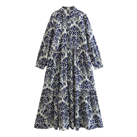 Women Fashion Printed Midi Dress Woman Vintage Lapel Front Button Ruffle Hem Female Chic Midi Dresses