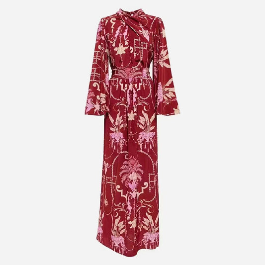 Vintage Print Colorblock Dress For Women Bowknot Collar Long Sleeve High Waist Belt Midi Dresses Female Clothes New