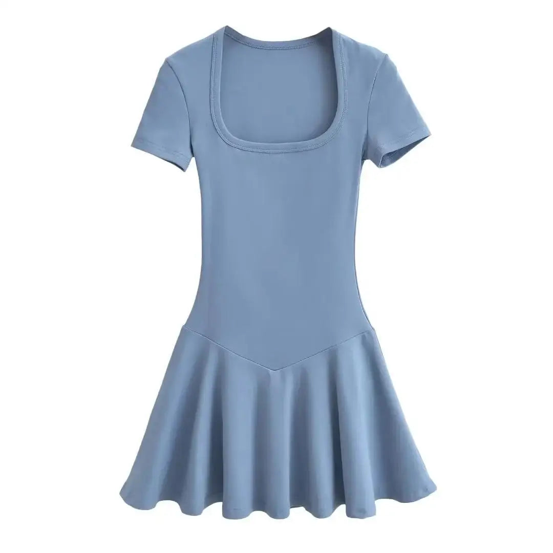 Summer Short Sleeve Square Collar Sports Dress With Shorts Women 4 Colors A-line Mini Dresses
