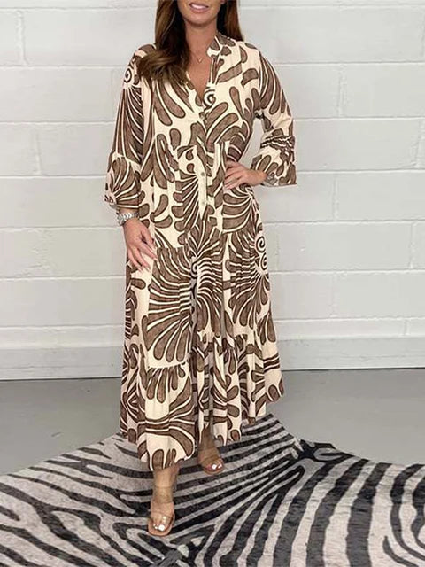 Loose Vintage Print Flare Sleeve Women's Dress Casual V Neck Buttons Patchwork Party Midi Dresses Elegant Spring Autumn Vestidos