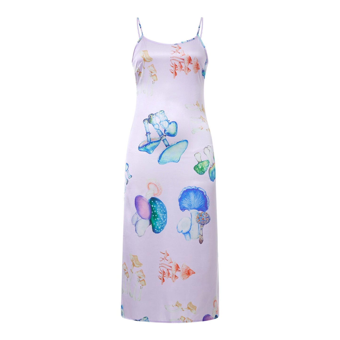 Women's Spaghetti Strap V Neck Mushroom Print Long Dress Summer Sleeveless Midi Dress Elegant Evening Party Dresses
