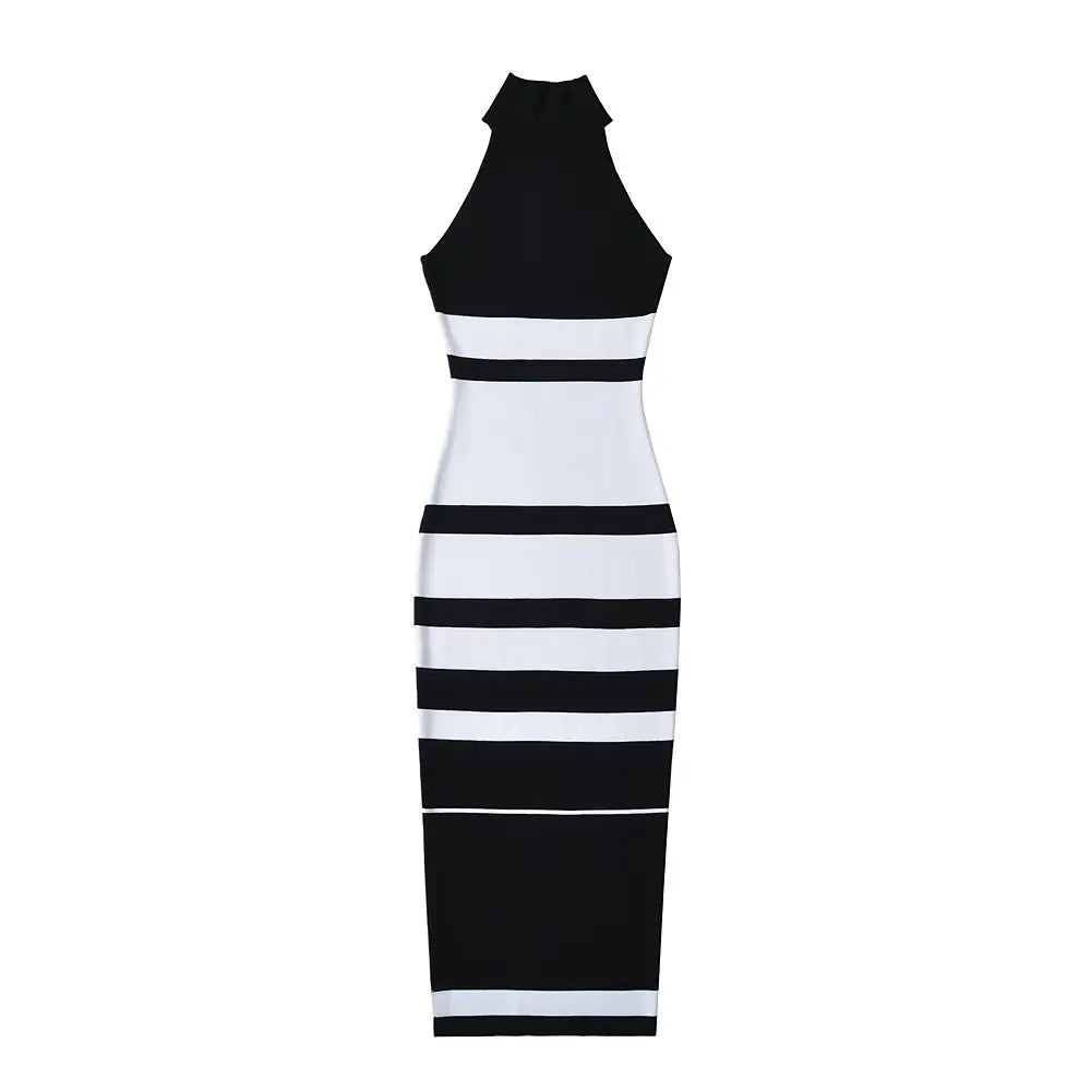 Sweater Dress For Women Sleeveless O-neck Patchwork Color Knitted Stretchable Slim Midi Dresses