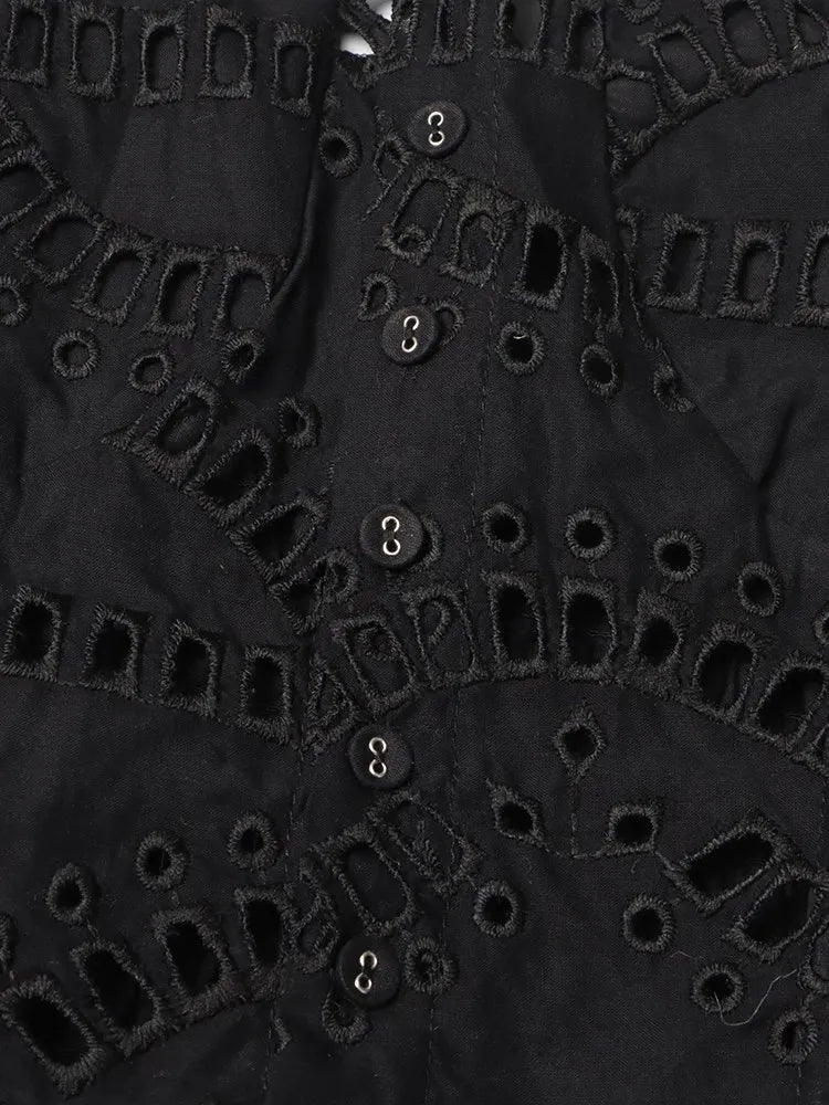 Hollow Out Solid Dresses For Women Square Collar Sleeveless High Waist A Line Mini Patchwork Button Dress Female