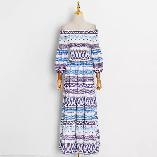 Slash Neck Midi Dresses For Women Vintage Casual Geometric Striped Print Party Night Dresses Summer Clothes
