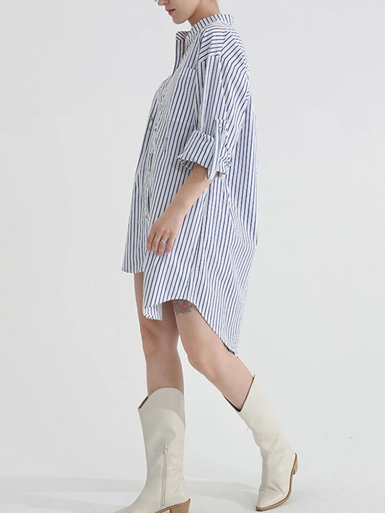 Colorblock Striped Minimalist Mini Dresses For Women Stand Collar Half Sleeve High Waist Asymmetrical Casual Dress Female