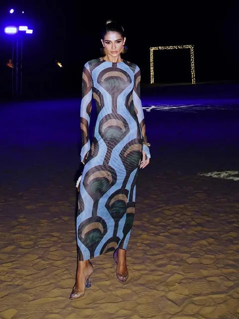 Women's Fashion Color Match Print Long Sleeve Dress Lady Elegant Round Neck Sheath Maxi Dresses Chic Female Beach Vacation Robes