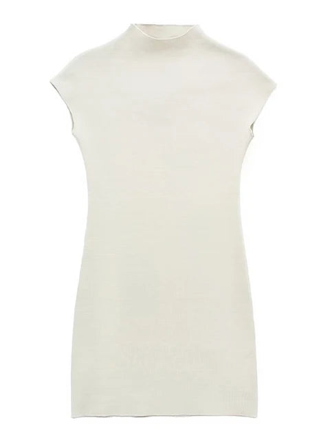 Women Fashion Stretch Knit Mini Dress Vintage High Neck Sleeveless Female Dresses Vestidos Mujer