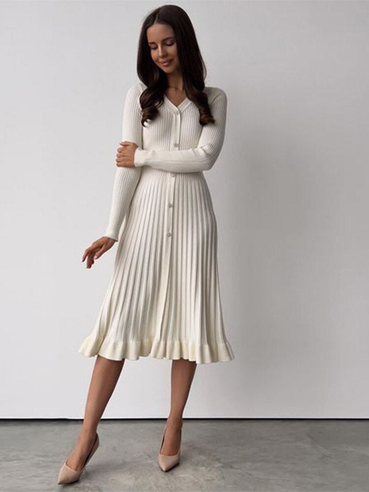 Women Fashion Casual Knitted Midi Dress Sexy V-neck Long Sleeve Basic Sweater Dress  Spring Office Lady Elegant Slim Dresses