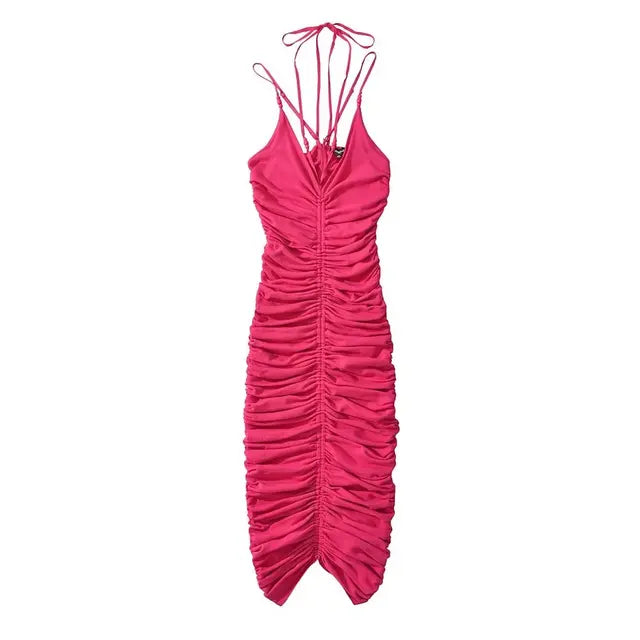 Women Beading Halter Midi Dress Summer Sleeveless Knitted Stretchable Elegant Design Dresses