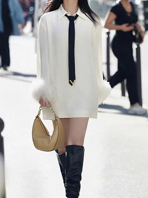 Women's Blouse Dress Feather Sleeve Lapel Button Pullover Solid Color Mini Dresses Spring