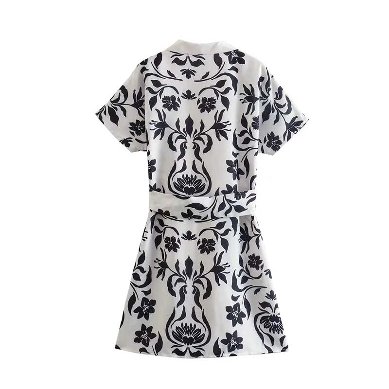 Women Printed Dresses With Bow Belt Summer Flax Elegant Party Short Sleeve Female Causal Mini Dresses