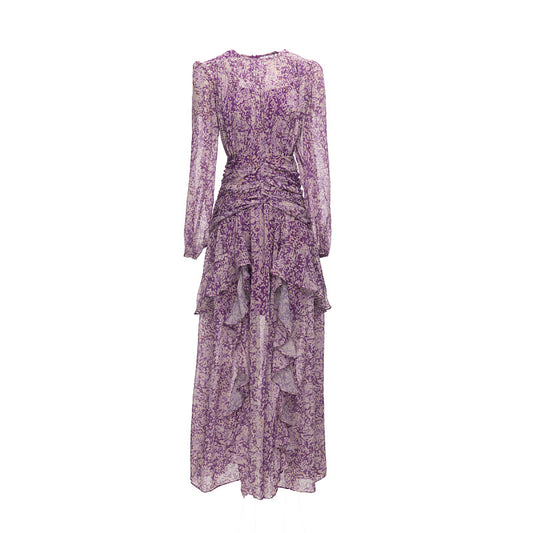 Ruffle Trim Ruched Dress For Women Round Neck Lantern Sleeve High Waist Solid Midi Dresses Female Autumn Clothing
