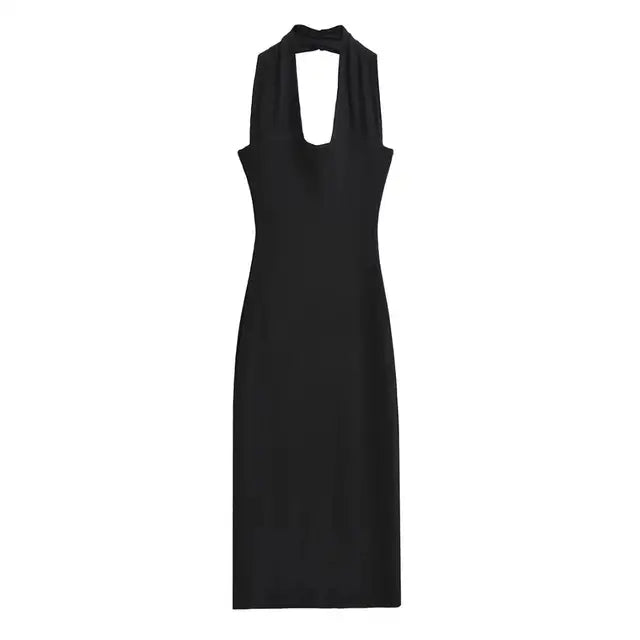 Summer Sexy Halter Deep V-neck Midi Dress Women Backless  Knits Elastic Slim Dresses