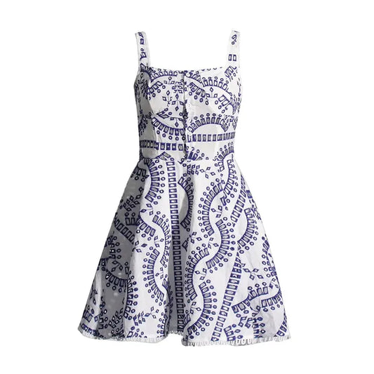 Hollow Out Solid Dresses For Women Square Collar Sleeveless High Waist A Line Mini Patchwork Button Dress Female