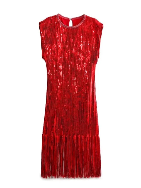 Woman Fashion Sequins Tassels Embellished Mini Dress Casual Slim Sleeveless V Neck Dresses