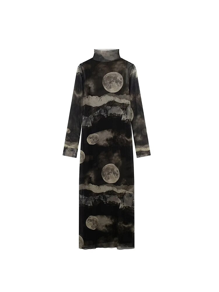 TRAF  Women Midi Dress Fashion Tulle Printed Tigh Long Dress Turtleneck Vintage Slim Long Sleeve Lady Dresses