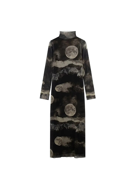 TRAF  Women Midi Dress Fashion Tulle Printed Tigh Long Dress Turtleneck Vintage Slim Long Sleeve Lady Dresses