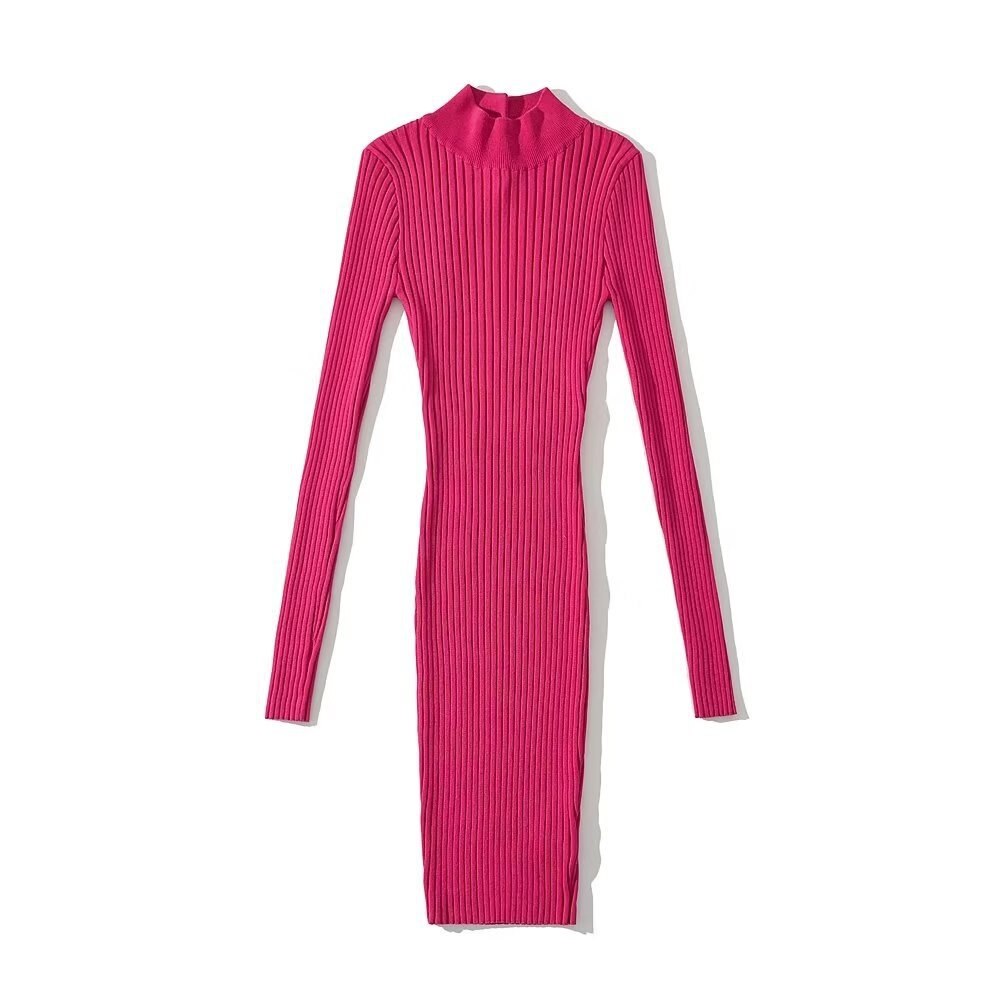 Fashion Women's Dress Stand Collar Slim Back Button Backless Long Sleeve Mini Knitted Dresses Autumn New