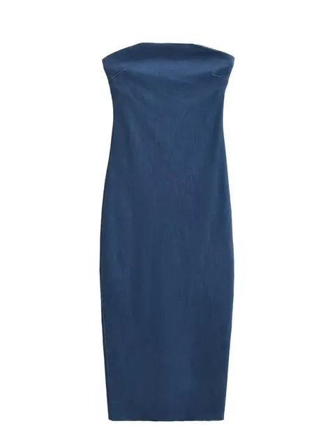 Summer Off Shoulder Blue Denim Dress Women Elegant Zipper Backless Midi Dresses
