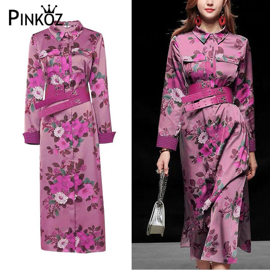 Large Size Corset Long Sleeve Midi Purple Dresses Ladies Flower Streetwear Retro Dress Print Floral Vintage Dress Belt