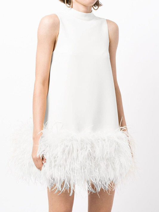 Fashion Women's Dress New Round Neck Loose Sleeveless Solid Color Spliced Feather Mini Dresses Female Autumn