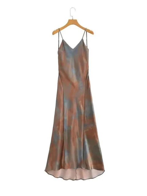 Sexy Backless Deep V-neck Midi Dress Women Tie Dye Print Sleeveless Camisole Dresses
