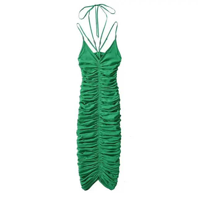 Women Beading Halter Midi Dress Summer Sleeveless Knitted Stretchable Elegant Design Dresses
