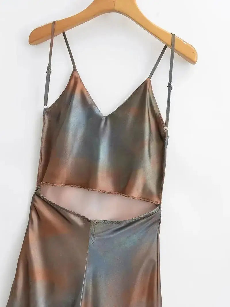 Sexy Backless Deep V-neck Midi Dress Women Tie Dye Print Sleeveless Camisole Dresses