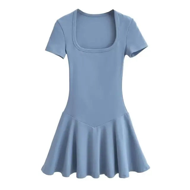 Summer Short Sleeve Square Collar Sports Dress With Shorts Women 4 Colors A-line Mini Dresses