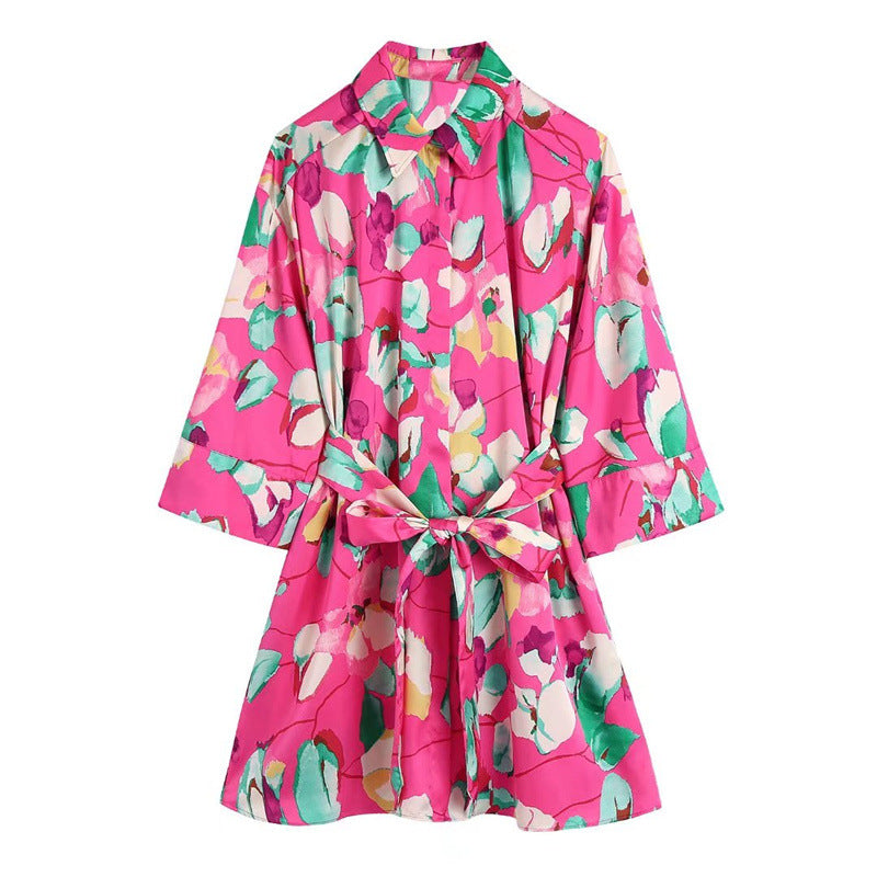 Women Dress Traf Fashion With Belt Floral Print  Mini Dress Vintage Long Sleeve Female Elegant Dresses