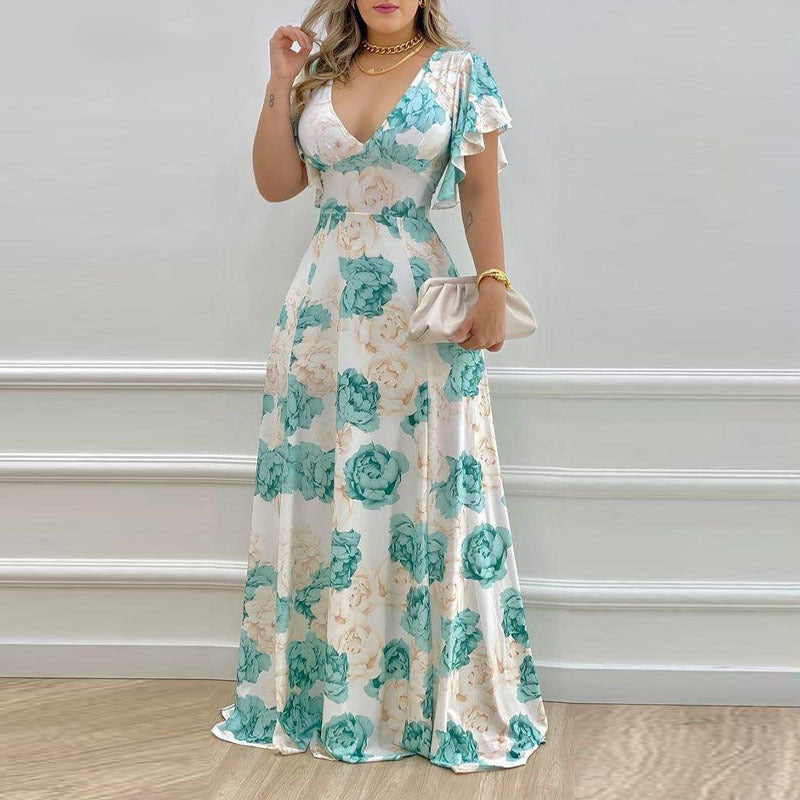 Sexy Ruffle Sleeve Printed Maxi Dress
