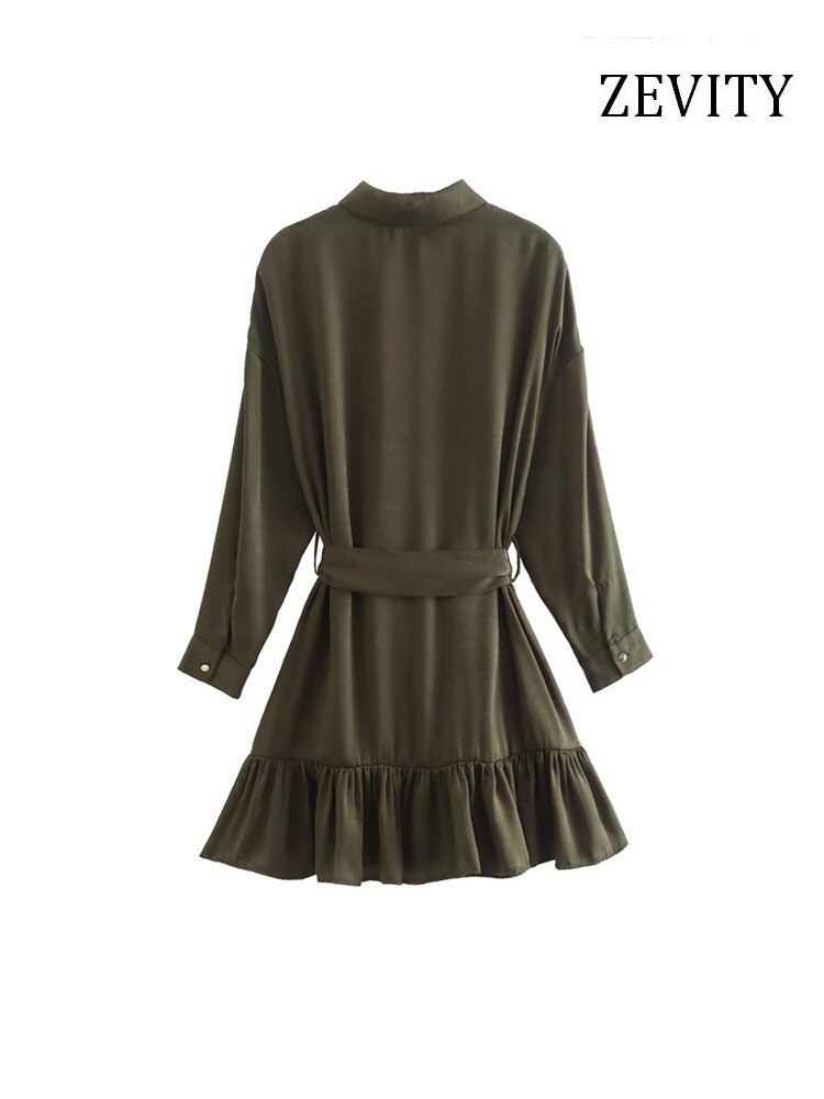 Women Fashion With Belt Ruffled Satin Mini Shirt Dress Vintage Long Sleeve Front Gold Button Female Dresses