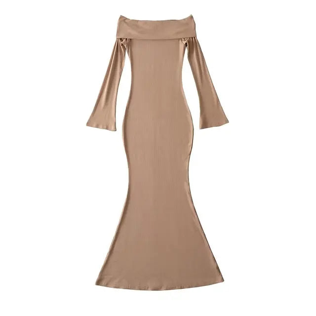Women Off Shoulder Knitted Dress Long Sleeve Slim Elegant Stretchable 5 Colors Midi Dresses
