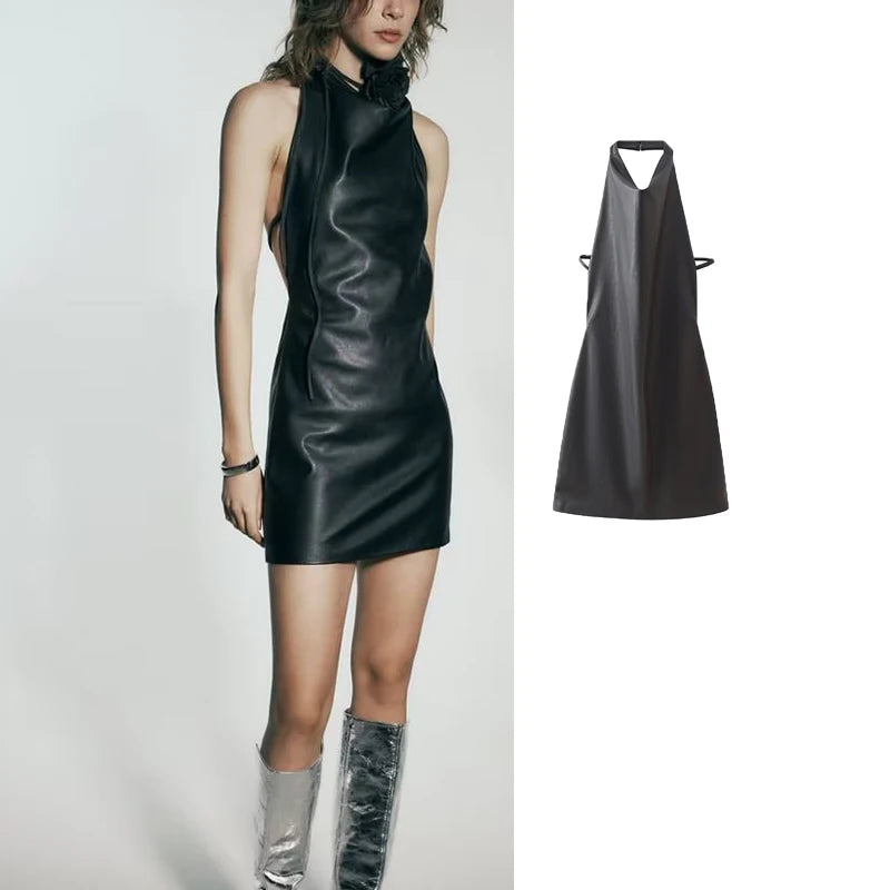 New Faux Leather  Mini Dresses for Women Slip Dress Woman Sexy Backless Dress Women Autumn Party Dresses Woman