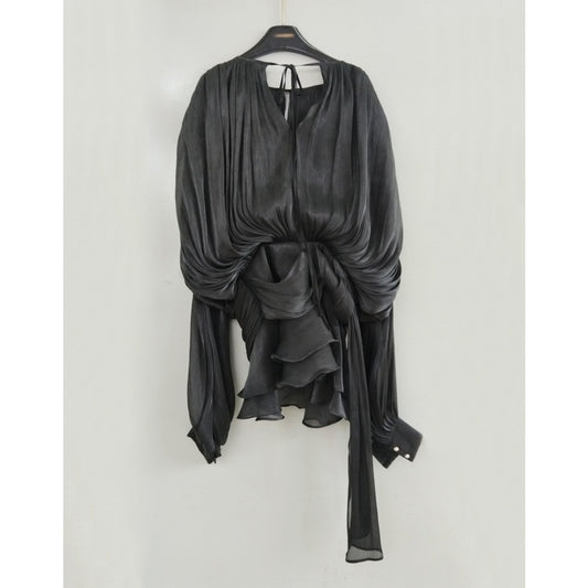 Solid Loose Blouse Mini Dresses Women V Neck Long Sleeve Spliced Lace Up Sweet Dress