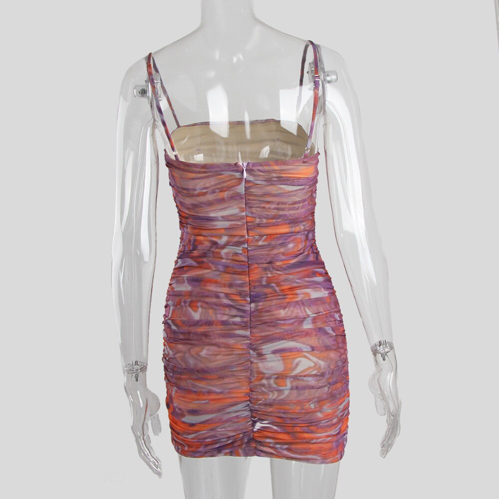Summer Mesh Women's Short Mini Printing Strap Dress Suspenders Folds Sexy Self-cultivation Sleeveless Bodycon Dresses