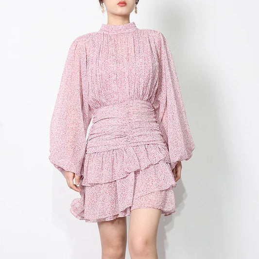 Solid Mini Dress For Women Stand Collar Long Sleeve High Waist Pacthwork Fold Dresses Female