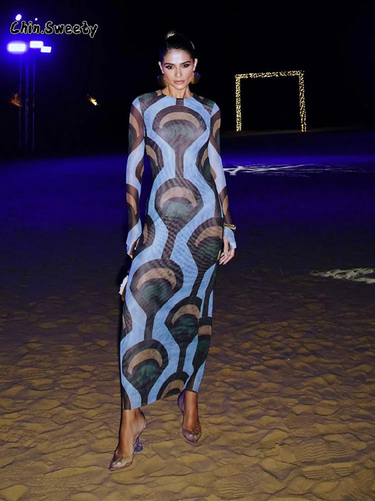 Women's Fashion Color Match Print Long Sleeve Dress Lady Elegant Round Neck Sheath Maxi Dresses Chic Female Beach Vacation Robes