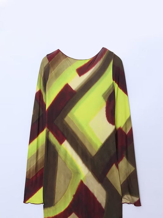 Sexy Women Fashion Printed Backless Midi Dress Ladies Vintage O Neck Long Sleeve Female Chic Dresses Vestidos Mujer