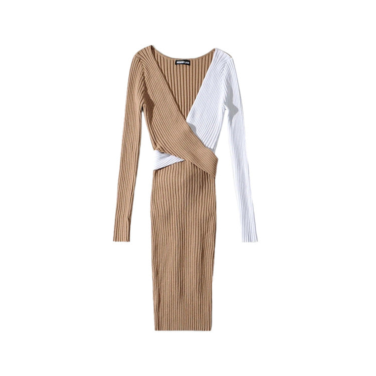 Women Khaki Patchwork Black Dress  Long Sleeve Knitted Elastic V-neck Mini Dresses Slim Dress