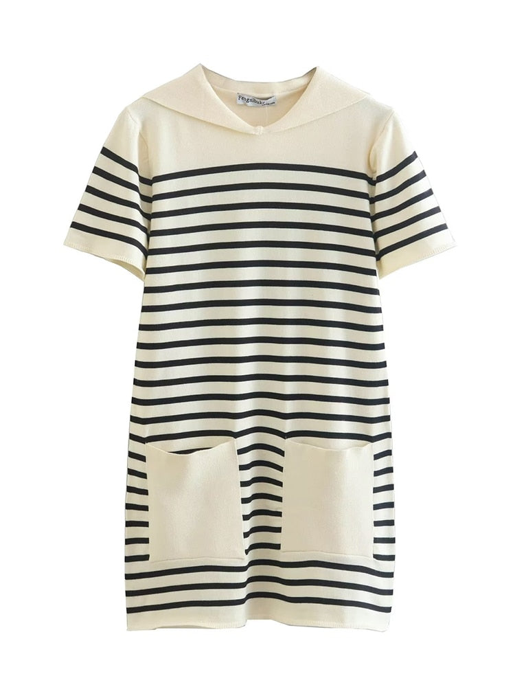Female Striped Knitting Mini Dresses Spring Autumn Elegant Sailor Collar Dress Short Sleeve Preppy Style Vestidos