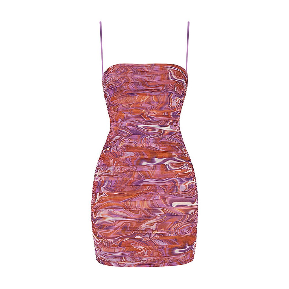 Summer Mesh Women's Short Mini Printing Strap Dress Suspenders Folds Sexy Self-cultivation Sleeveless Bodycon Dresses